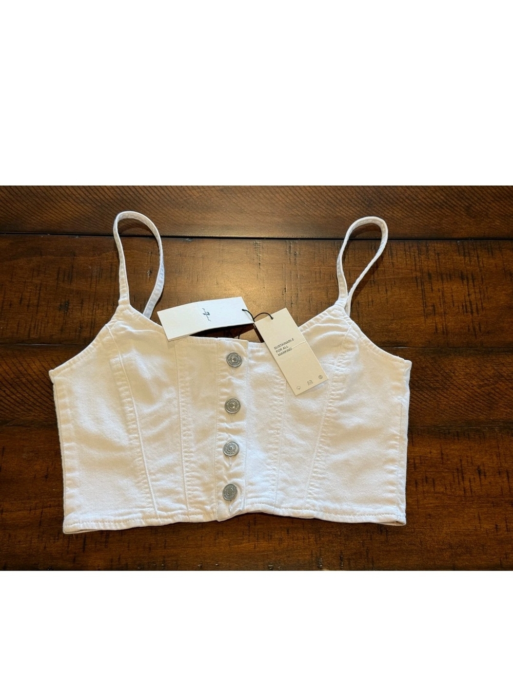 7 For All Mankind White Denim Button-Front Cropped Corset Vest